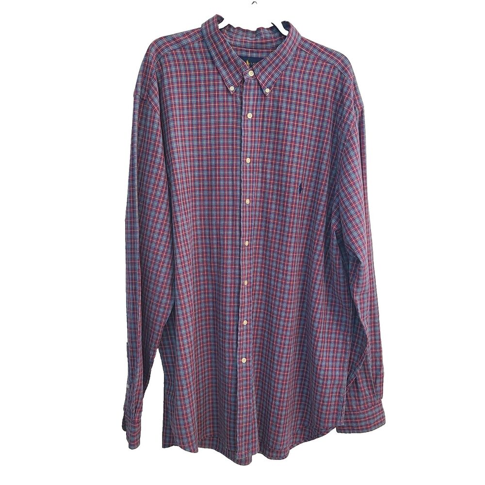 Ralph Lauren Button Down Shirt Mens 2XLT Tall Blue Red Plaid LS Pony Logo Preppy